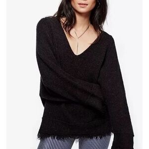 Free People Irresistible Fringe Black V-Neck Sweater Sz Medium Indie Granola